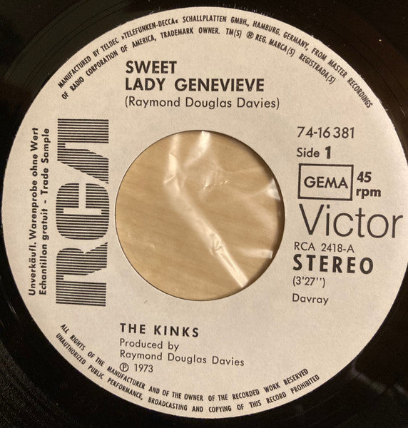 The Kinks : Sweet Lady Genevieve / Sitting In My Hotel (7", Single, Promo)