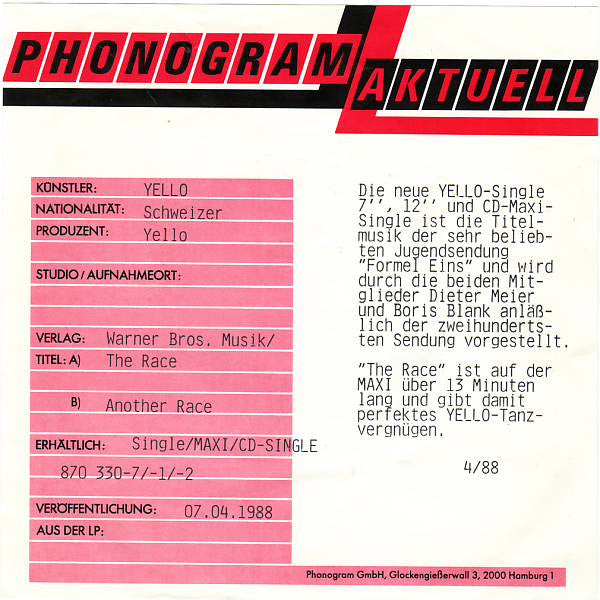 Yello : The Race (7", Single, DMM)