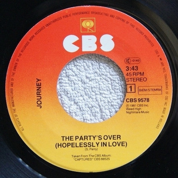 Journey : The Party's Over (Hopelessly In Love) / Wheel In The Sky (Live) (7", Single)