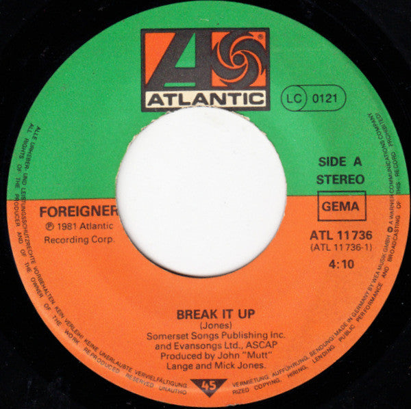 Foreigner : Break It Up (7", Single)