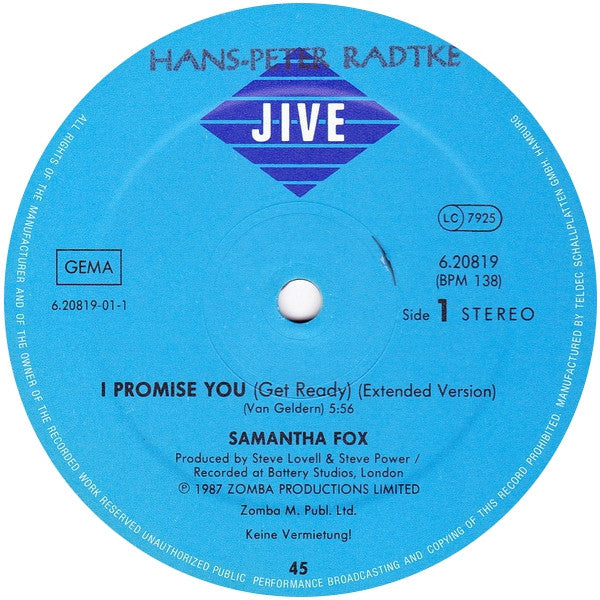 Samantha Fox : I Promise You (Get Ready) (12", Maxi)
