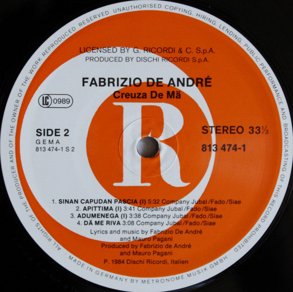 Fabrizio De André : Creuza De Mä (LP, Album)