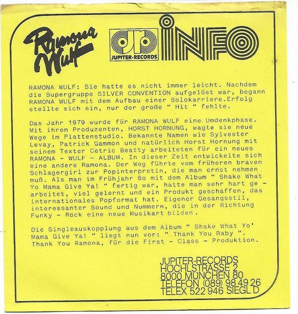 Ramona Wulf : Thank You Baby / Cats' Eye (7", Single)