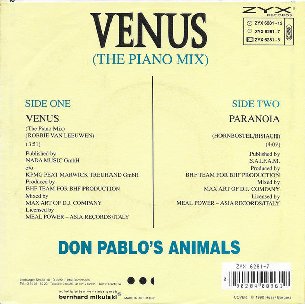 Don Pablo's Animals : Venus (The Piano Mix) (7", Single)