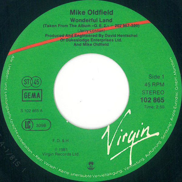 Mike Oldfield : Wonderful Land (7", Single)