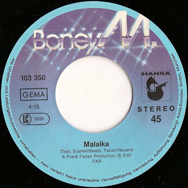Boney M. : Malaika / Consuela Biaz (7", Single, Fir)