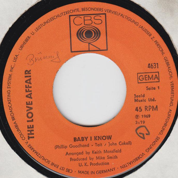 The Love Affair : Baby I Know (7", Single)