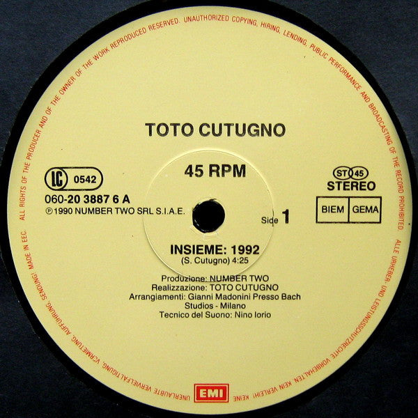 Toto Cutugno : Insieme: 1992 (12", Maxi)