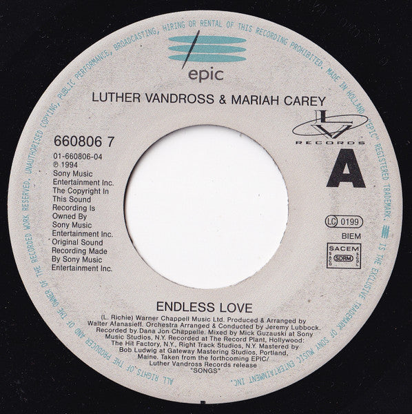Luther Vandross & Mariah Carey : Endless Love (7", Jukebox)