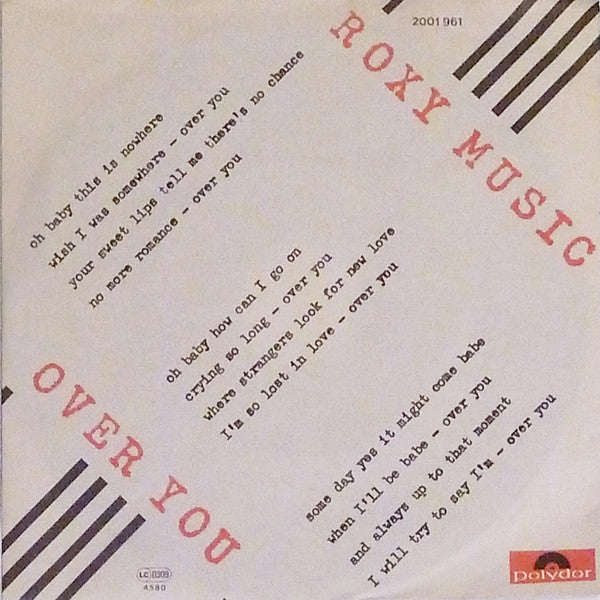 Roxy Music : Over You (7", Single, Bla)