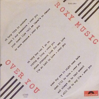 Roxy Music : Over You (7", Single, Bla)