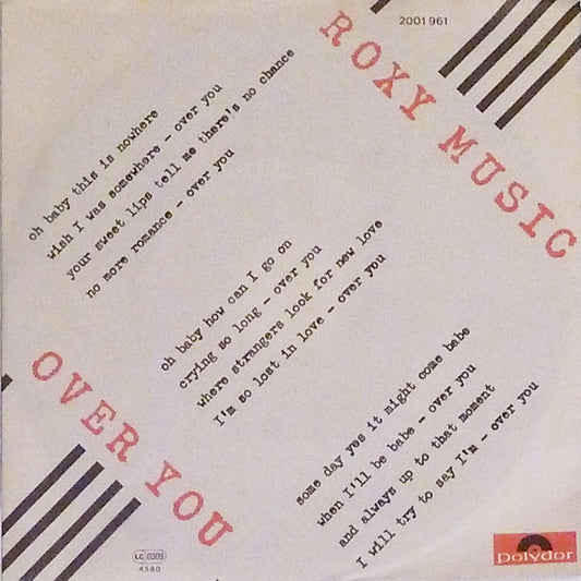 Roxy Music : Over You (7", Single, Bla)