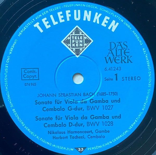 Johann Sebastian Bach : Gambensonaten, Triosonate G-dur Um 1720 (LP, RE, Blu)