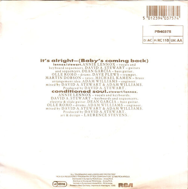 Eurythmics : It's Alright (Baby's Coming Back) (7", Single)