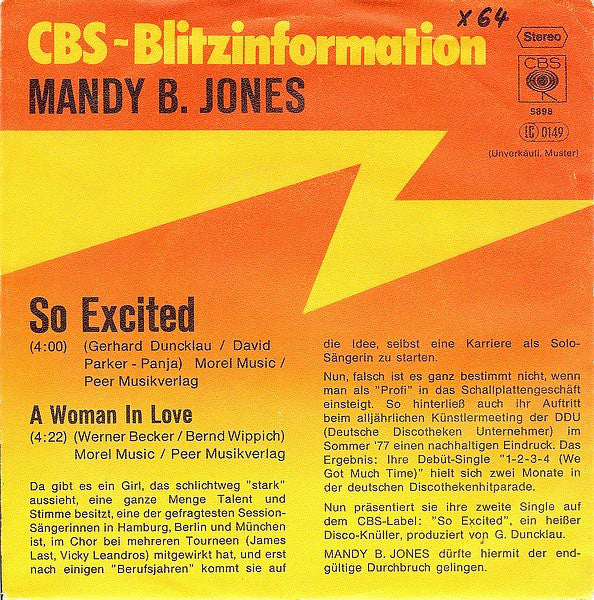 Mandy B. Jones : So Excited (7", Single, Promo)