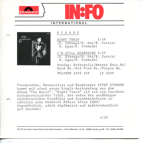 Visage : Night Train (7", Single)