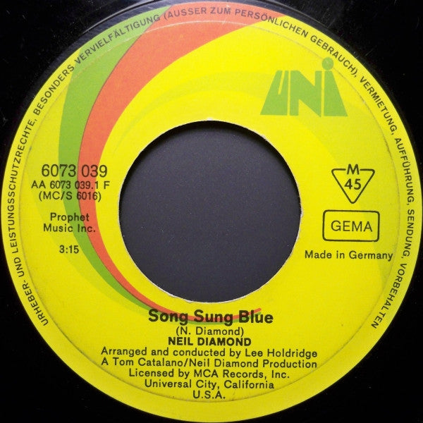 Neil Diamond : Song Sung Blue (7", Single, Mono)