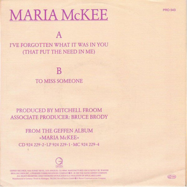 Maria McKee : I've Forgotten What It Was In You (7", Single, Promo)