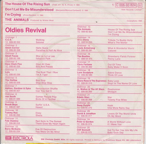 The Animals : The House Of The Rising Sun / Don't Let Me Be Misunderstood / I'm Crying (7")