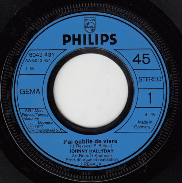 Johnny Hallyday : J'ai Oublie De Vivre (7", Single)