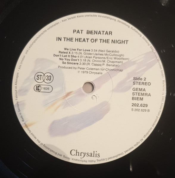 Pat Benatar : In The Heat Of The Night (LP, Album, RE, whi)
