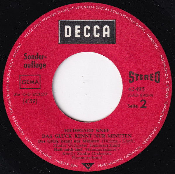 Hildegard Knef : Das Glück Kennt Nur Minuten (7", EP)