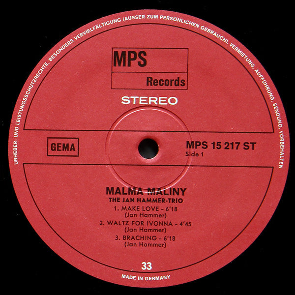 The Jan Hammer Trio : Malma Maliny (LP, Album)