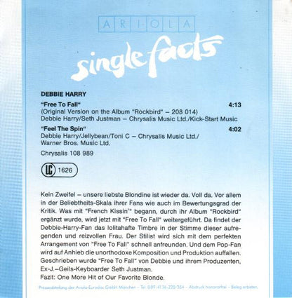 Debbie Harry* : Free To Fall (7", Single)