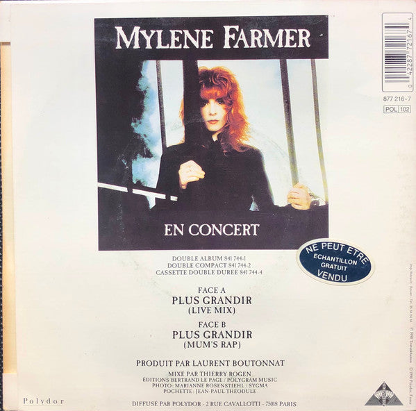 Mylene Farmer* : Plus Grandir (Live Mix) (7", Single)