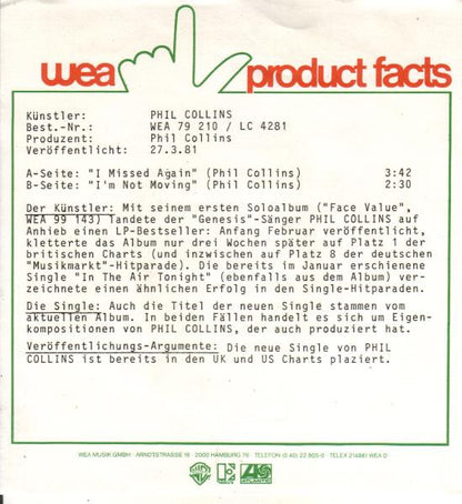 Phil Collins : I Missed Again (7", Single)