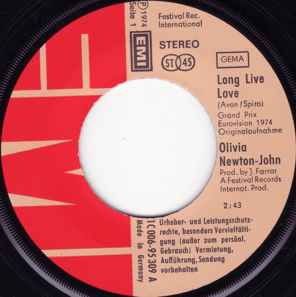 Olivia Newton-John : Long Live Love (7", Single)