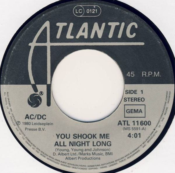 AC/DC : You Shook Me All Night Long (7", Single, M/Print)