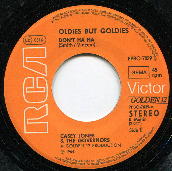 Casey Jones & The Governors : Don't Ha Ha / Jack The Ripper (7", Single, Ora)