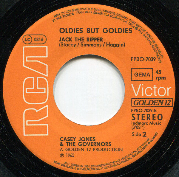 Casey Jones & The Governors : Don't Ha Ha / Jack The Ripper (7", Single, Ora)