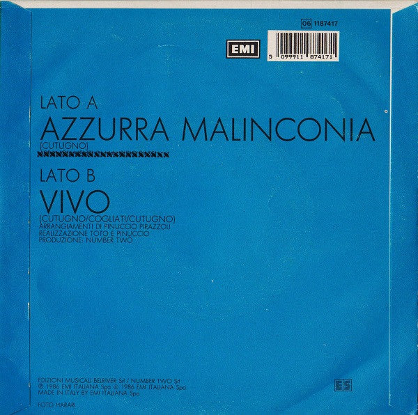 Toto Cutugno : Azzurra Malinconia (7")