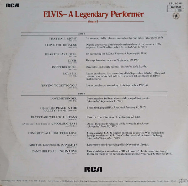 Elvis Presley : A Legendary Performer - Volume 1 (LP, Comp, RE)