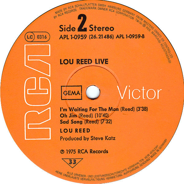 Lou Reed : Lou Reed Live (LP, Album, RE)