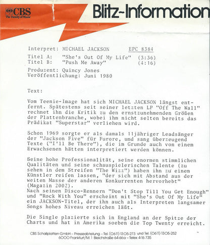 Michael Jackson : She's Out Of My Life (7", Single)