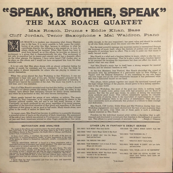 Max Roach Quartet : Speak, Brother, Speak! (LP, Album, Mono)