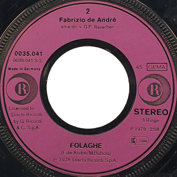 Fabrizio De André : Andrea (7", Single)