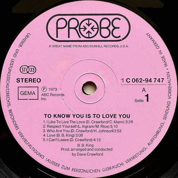 B.B. King : To Know You Is To Love You (LP, Album)