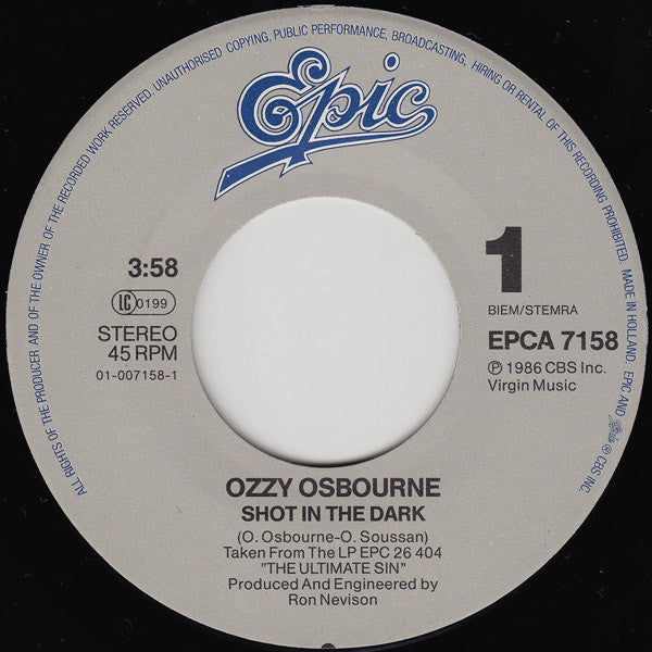 Ozzy Osbourne : Shot In The Dark (7", Single)