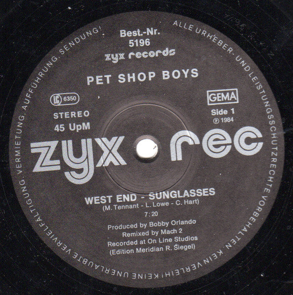 Pet Shop Boys : West End - Sunglasses (12", Single, Com)