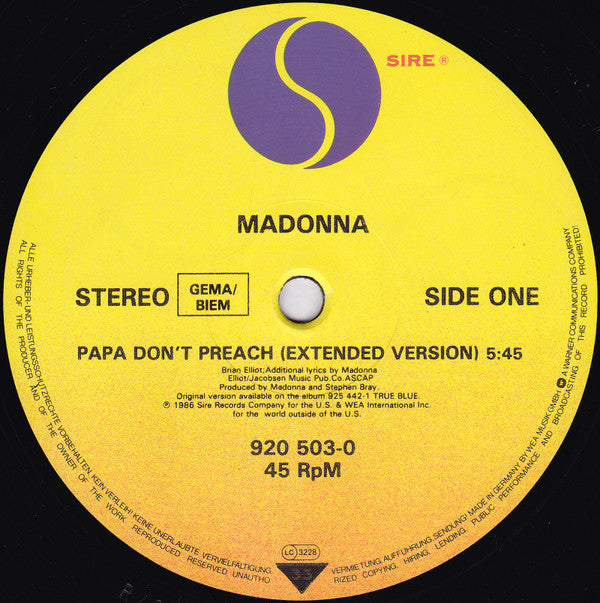 Madonna : Papa Don't Preach (Extended Version) (12", Maxi, Pos)