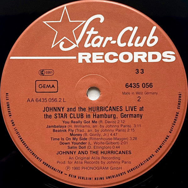Johnny And The Hurricanes : Live At The Star Club In Hamburg, Germany (LP, Album, RE)