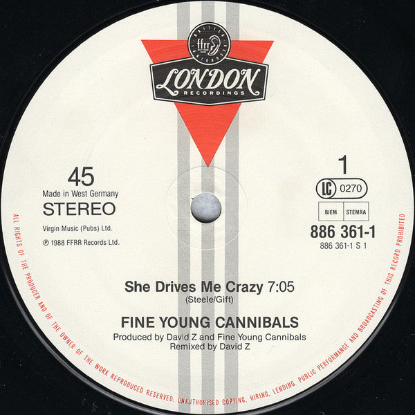 Fine Young Cannibals : She Drives Me Crazy (12", Maxi, Gre)