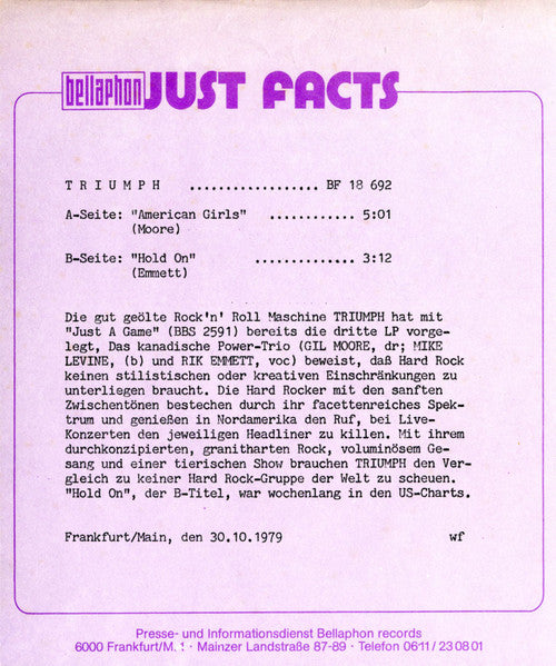 Triumph (2) : American Girls / Hold On (7", Single)