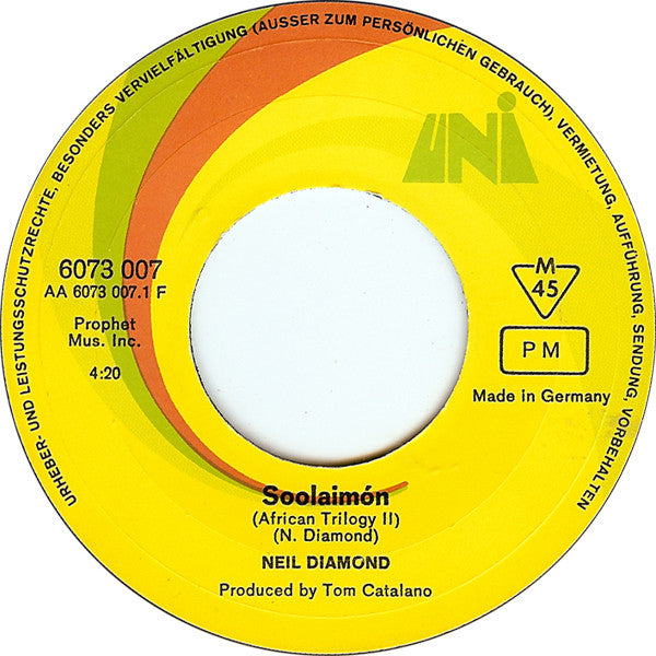 Neil Diamond : Soolaimón (African Trilogy II) (7", Single, Mono)