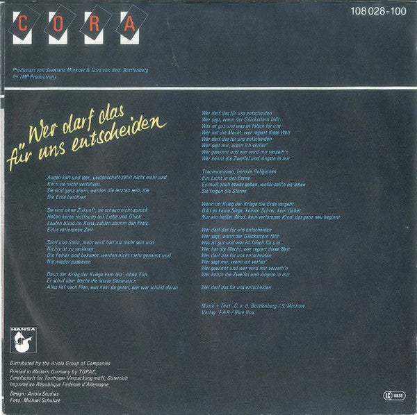 Cora : Wer Darf Das Für Uns Entscheiden (7", Single)