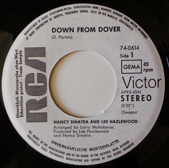 Nancy Sinatra & Lee Hazlewood : Down From Dover / Paris Summer (7", Single, Promo)